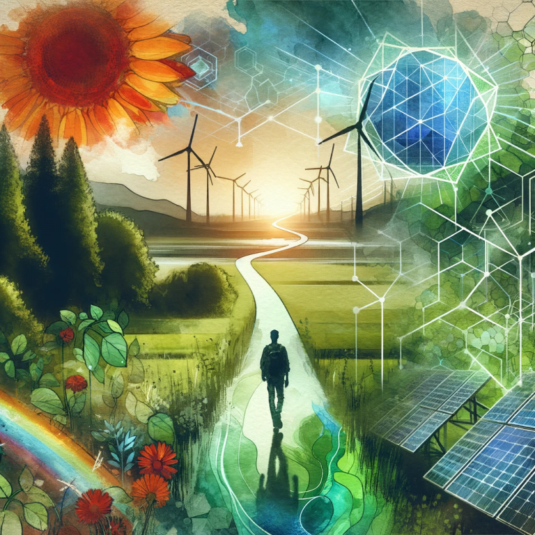 "Image d'une personne marchant sur un chemin stylisé solar punk, mélangeant nature luxuriante et technologies vertes, réalisée en aquarelle avec des formes géométriques superposées, représentant la vision d'un avenir durable et harmonieux."