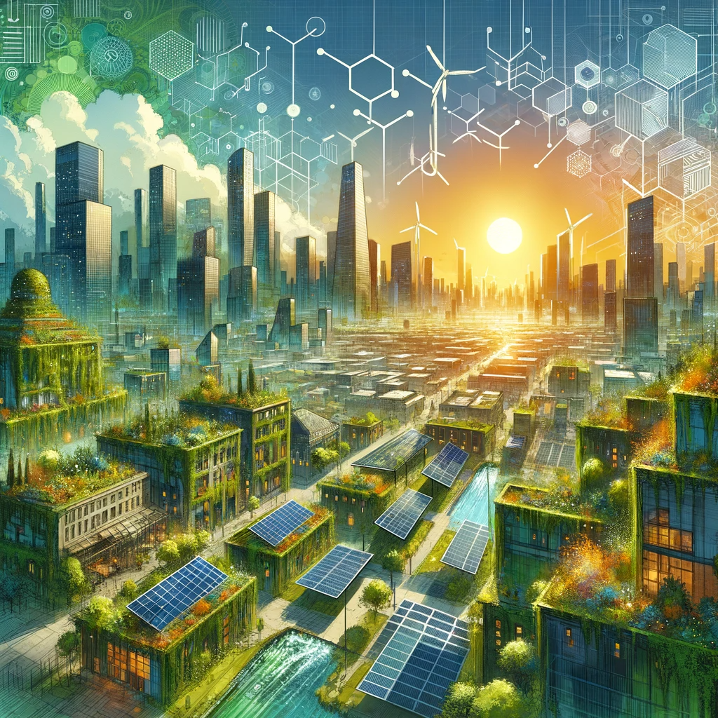 Illustration en aquarelle d'une ville Solarpunk au lever du jour, caractérisée par des bâtiments écologiques et des jardins suspendus, sous un ciel lumineux parsemé de formes géométriques.