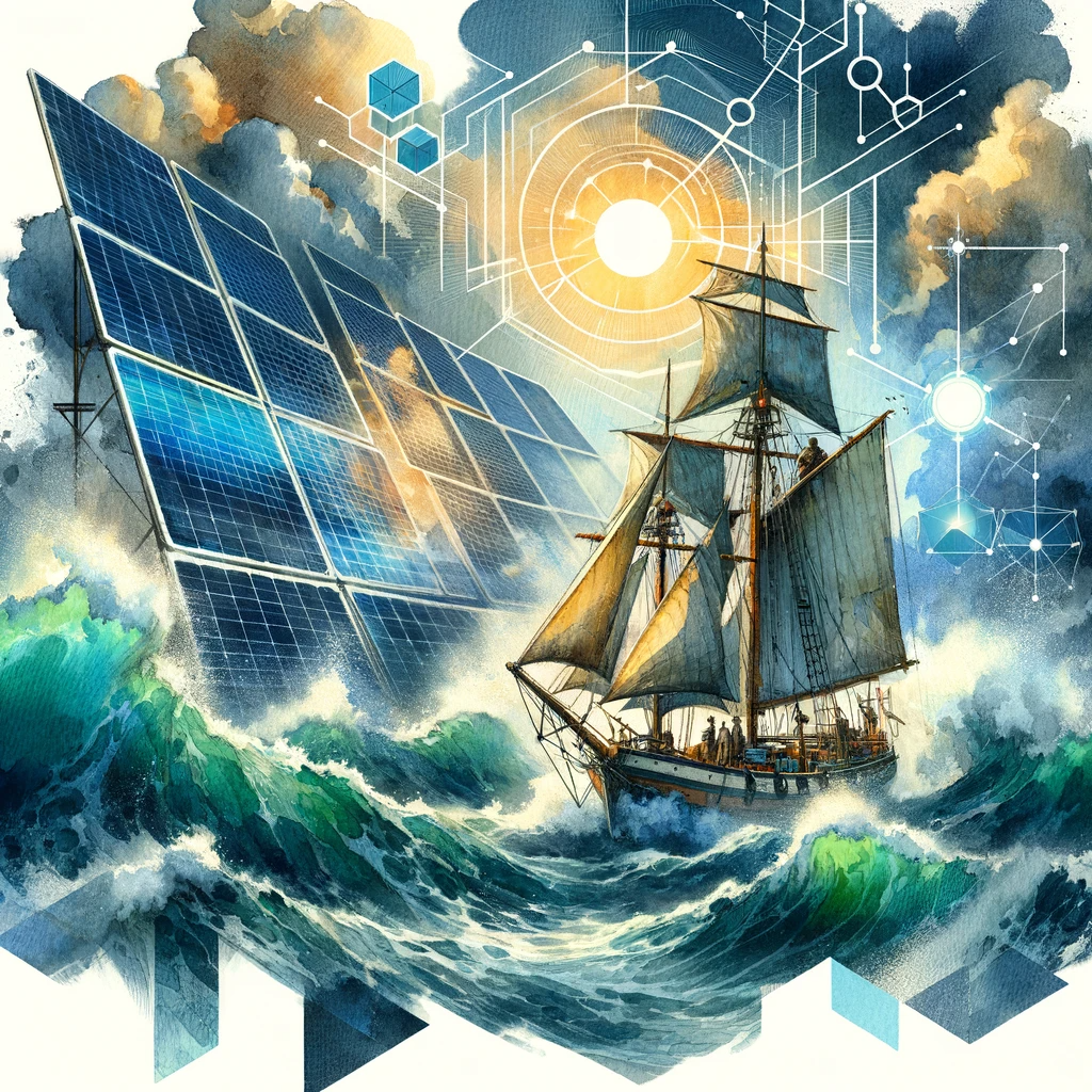 Illustration solarpunk en aquarelle d'un bateau futuriste naviguant à travers une tempête tumultueuse avec des formes géométriques abstraites superposées.
