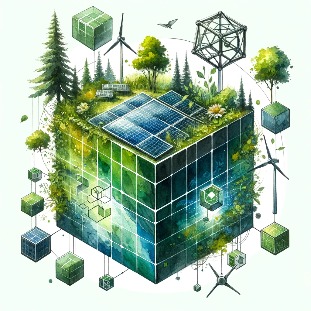 Image d'un cube entouré de verdure et d'éléments d'énergie renouvelable, avec des formes géométriques superposées.