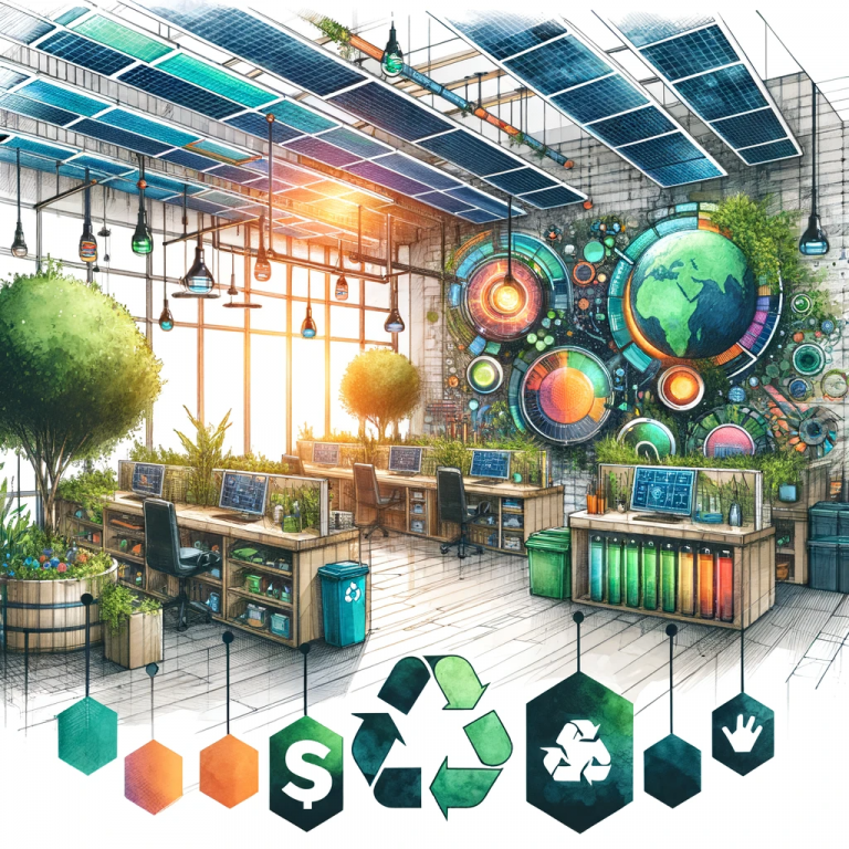 Illustration d'un intérieur d'entreprise vibrant, avec des espaces de travail intégrant des éléments naturels, des sources d'énergie verte, et des formes géométriques artistiques, reflétant les critères de la CSRD.