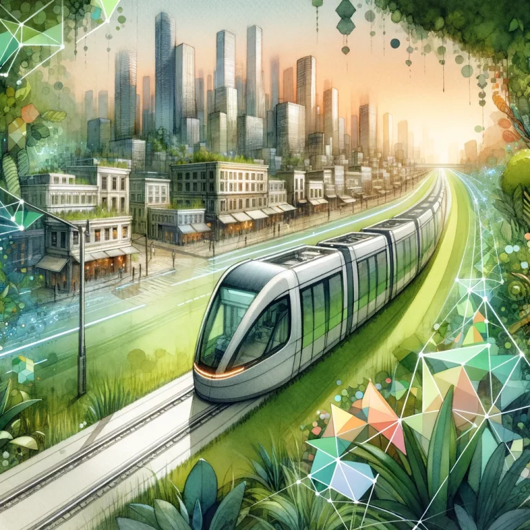 "Image d'un tramway, représentant une mobilité urbaine durable avec des routes entourées de verdure et des formes géométriques en superposition, illustrant l'harmonie entre technologie et environnement."