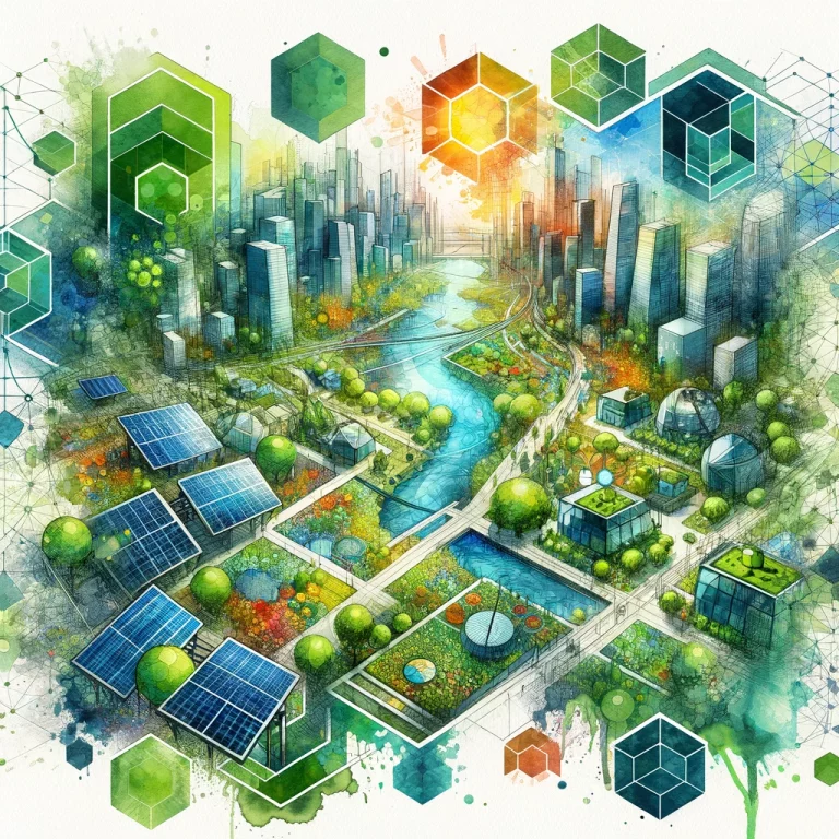 Image en aquarelle représentant une ville futuriste éco-responsable avec des toits verts et des panneaux solaires, entrelacée de formes géométriques symbolisant l'impact financier et environnemental des entreprises, dans l'esprit de la directive CSRD.