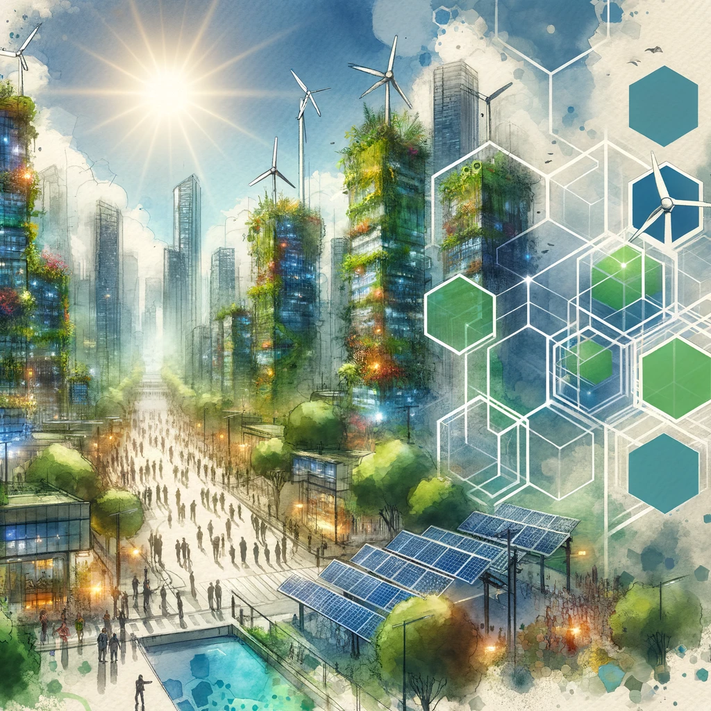 Image en aquarelle d'une ville, avec des gratte-ciels couverts de jardins verticaux et équipés de panneaux solaires, entourés de formes géométriques représentant les critères ESG.