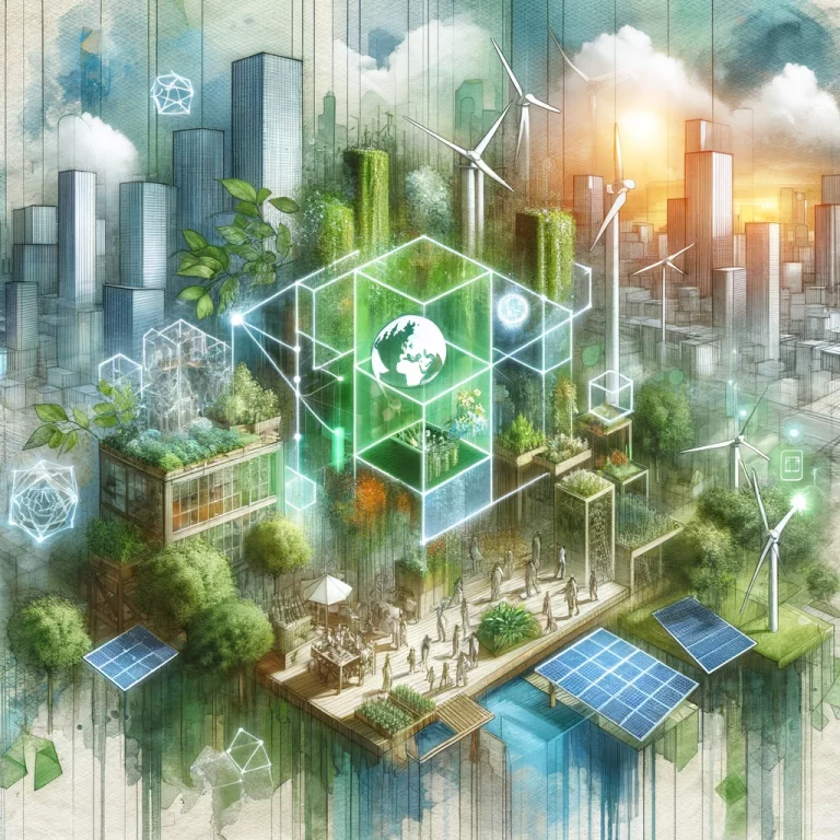 Image en aquarelle représentant une ville futuriste avec des bâtiments verts, des turbines éoliennes, des panneaux solaires et des personnes engagées dans des activités communautaires, le tout intégré avec des formes géométriques translucides symbolisant l'union des objectifs de durabilité.