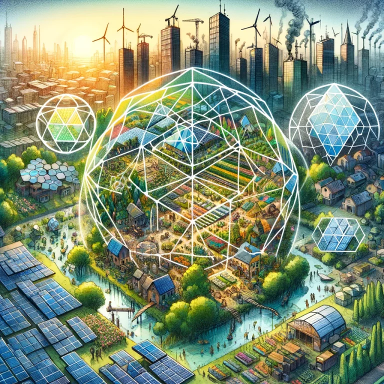 Image représentant une harmonie entre urbanisme durable et nature, avec des formes géométriques symbolisant les principes de la transition écologique.