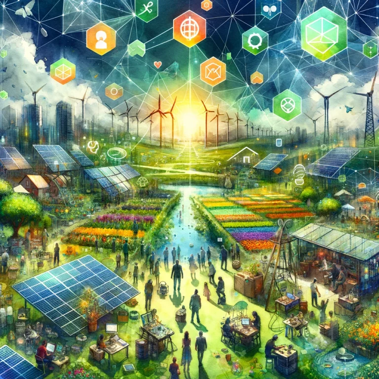 Illustration en aquarelle montrant une communauté vibrant autour des communs numériques, avec des jardins communautaires, de l'énergie renouvelable, et une superposition de formes géométriques symbolisant la connectivité numérique.