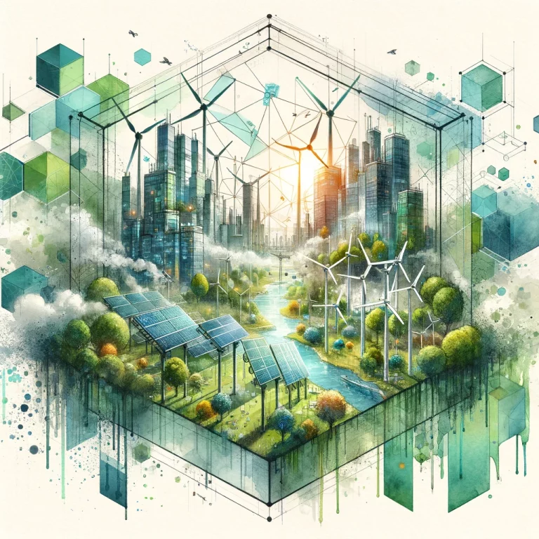 Image en aquarelle représentant une ville écologique du futur avec bâtiments verts, éoliennes, panneaux solaires et verdure, entourée de formes géométriques symbolisant l'analyse de double matérialité.