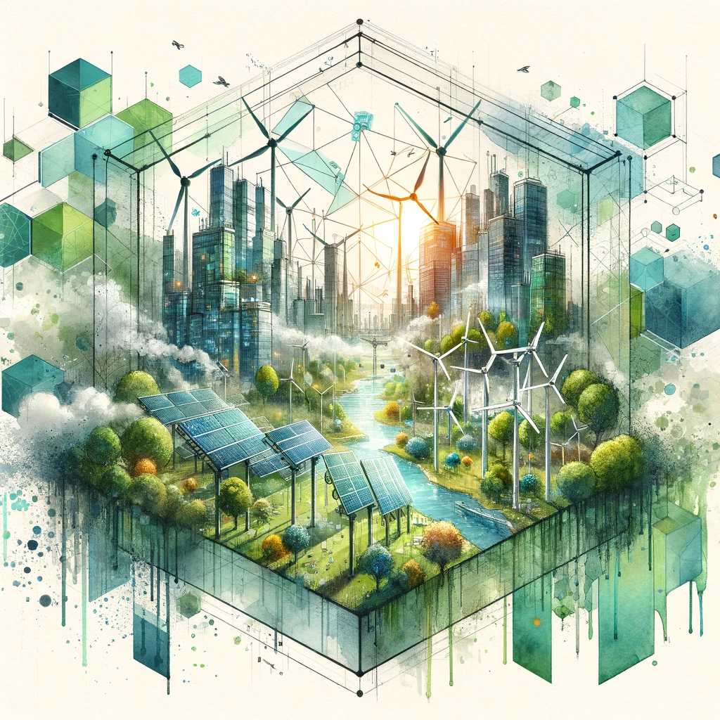 Image en aquarelle représentant une ville écologique du futur avec bâtiments verts, éoliennes, panneaux solaires et verdure, entourée de formes géométriques symbolisant l'analyse de double matérialité.