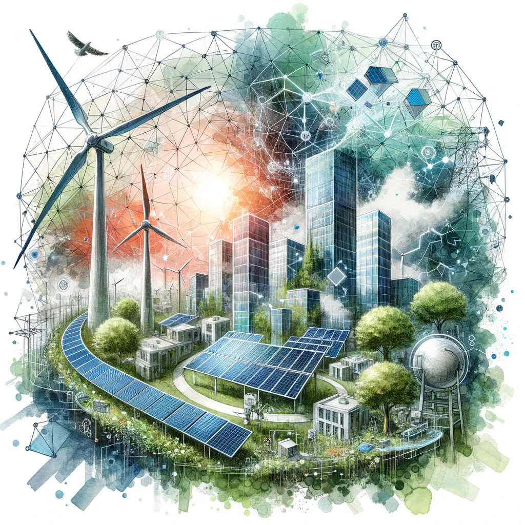 Illustration en aquarelle montrant des panneaux solaires, des éoliennes, et des bâtiments futuristes au milieu de la nature, superposés sur un fond de formes géométriques, symbolisant la gestion énergétique et la durabilité.