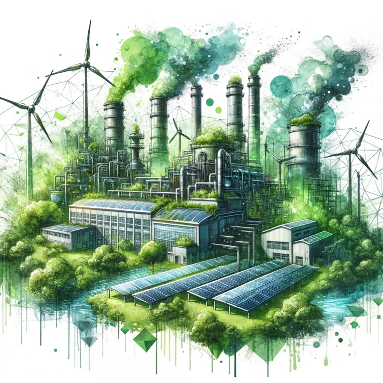 "Usine en aquarelle intégrant des éléments naturels et des énergies renouvelables, entourée de verdure et superposée de formes géométriques abstraites."