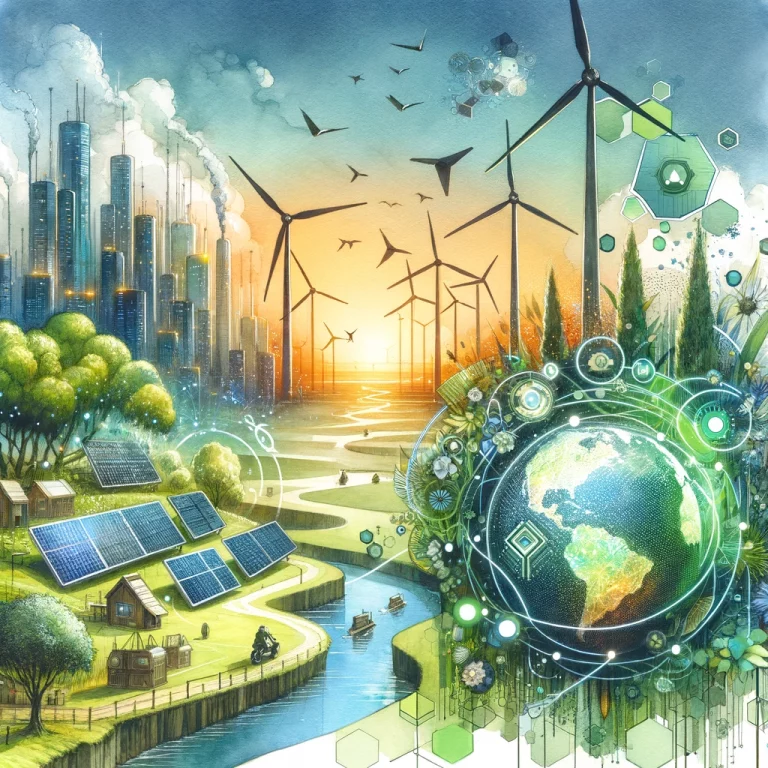 Une ville futuriste écoresponsable où la technologie numérique et la nature s'intègrent harmonieusement, avec des formes géométriques symbolisant les plateformes numériques et des sources d'énergie renouvelable enrichissant le paysage.