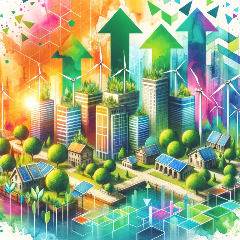 Découvrez une illustration évocatrice de la transition des entreprises vers un avenir durable, mettant en lumière l'évolution des pratiques commerciales de la Shareholder Value au développement durable. Cette image en aquarelle présente des bâtiments écologiques, des énergies renouvelables et une symbolique géométrique, reflétant l'engagement croissant envers la durabilité et l'innovation dans le monde des affaires.