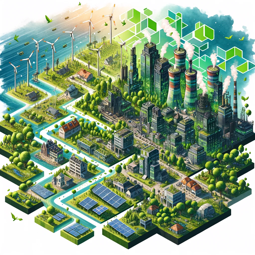 Vue isométrique d'une ville, montrant la transition de bâtiments industriels à des structures durables, avec des espaces verts, des turbines éoliennes, et des panneaux solaires.