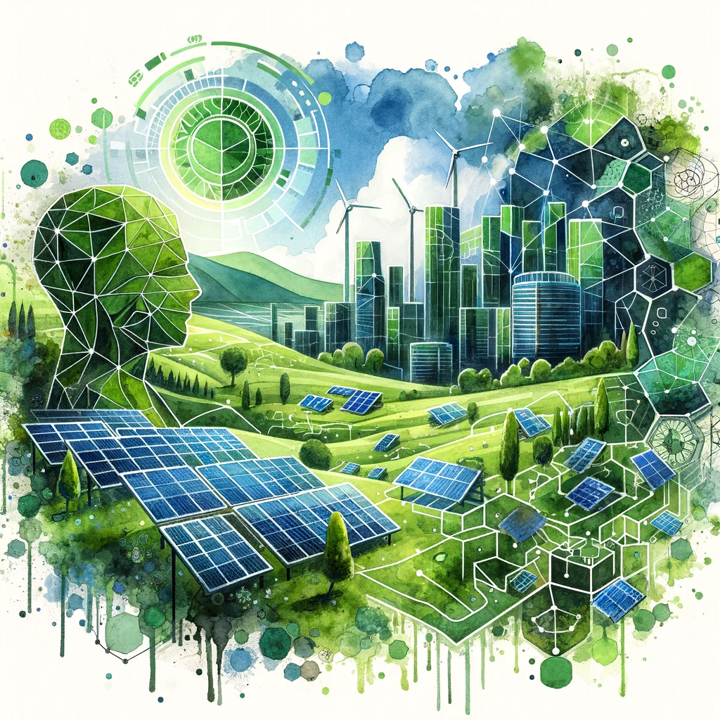 Illustration en aquarelle montrant un paysage futuriste où nature et technologies durables coexistent, avec des bâtiments écologiques et des formes géométriques symbolisant l'intégration de l'IA.