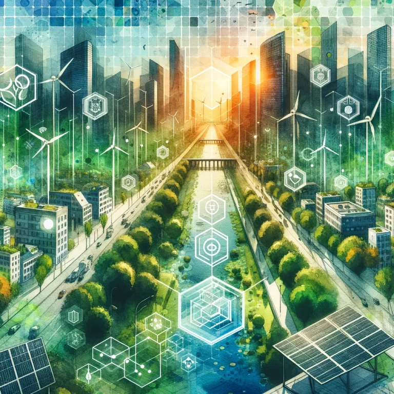 Illustration d'une ville futuriste et écologique, intégrant des sources d'énergie renouvelable comme des éoliennes et des panneaux solaires, superposée de formes géométriques représentant la structure et la transparence du reporting de durabilité CSRD.