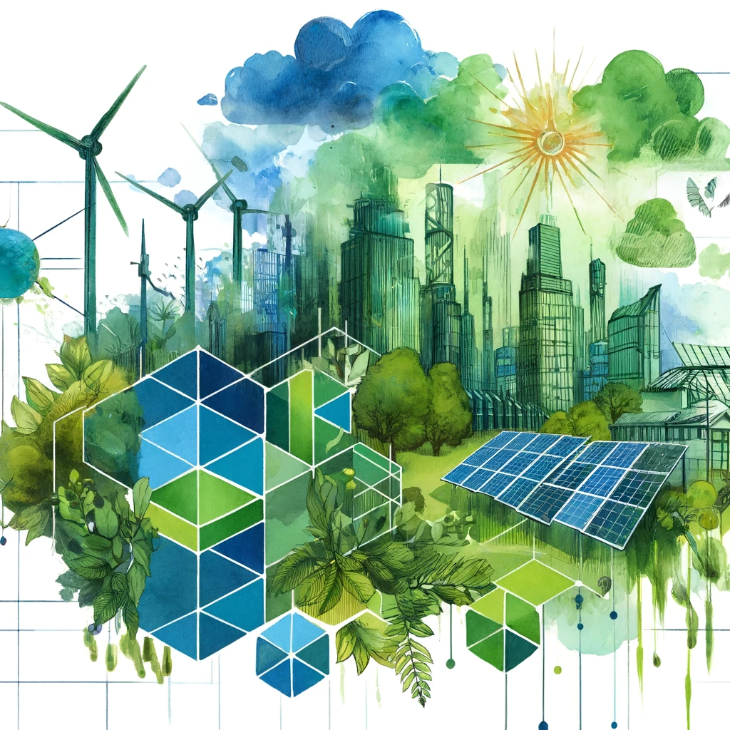 Illustration en aquarelle montrant une ville écologique futuriste avec des bâtiments verts, des sources d'énergie renouvelable et une végétation abondante, superposée de formes géométriques, reflétant l'approche systématique du bilan des émissions de gaz à effet de serre.
