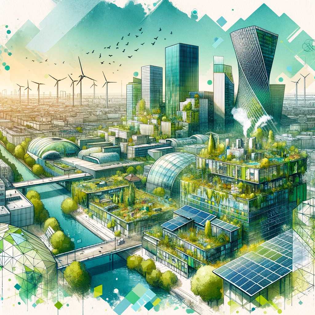 Illustration en aquarelle représentant une ville française futuriste en 2050, avec des bâtiments écologiques entourés de verdure et équipés de panneaux solaires et éoliennes, embellie par des formes géométriques superposées.
