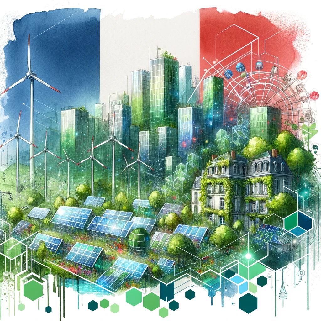 Image en aquarelle représentant une ville écologique avec des bâtiments recouverts de plantes, des éoliennes, des panneaux solaires, superposée de formes géométriques illustrant la fusion de la nature et de la technologie numérique.