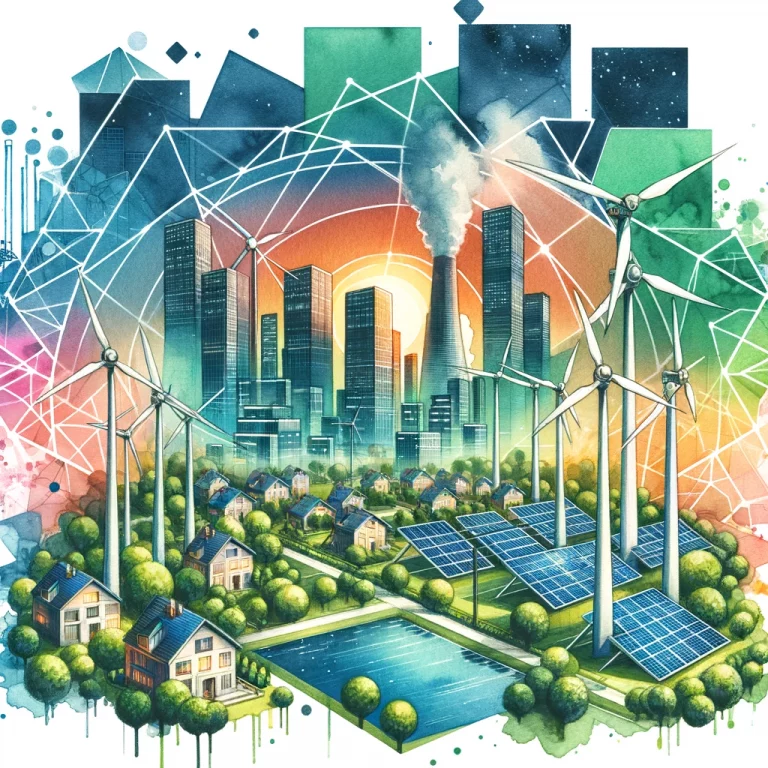 Peinture en aquarelle représentant une ville avec des bâtiments modernes et écologiques, des éoliennes, des panneaux solaires et des espaces verts abondants, accentuée par des formes géométriques symbolisant la planification énergétique.