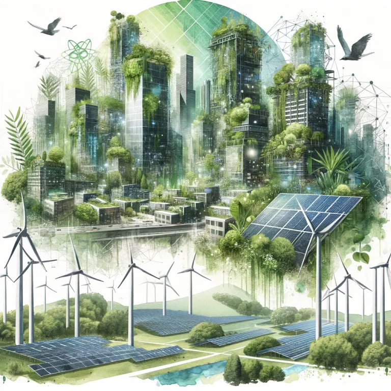 Watercolor painting of a cityscape with solar panels, wind turbines, and buildings with vertical gardens and green roofs, overlaid with geometric shapes, symbolizing a sustainable future.