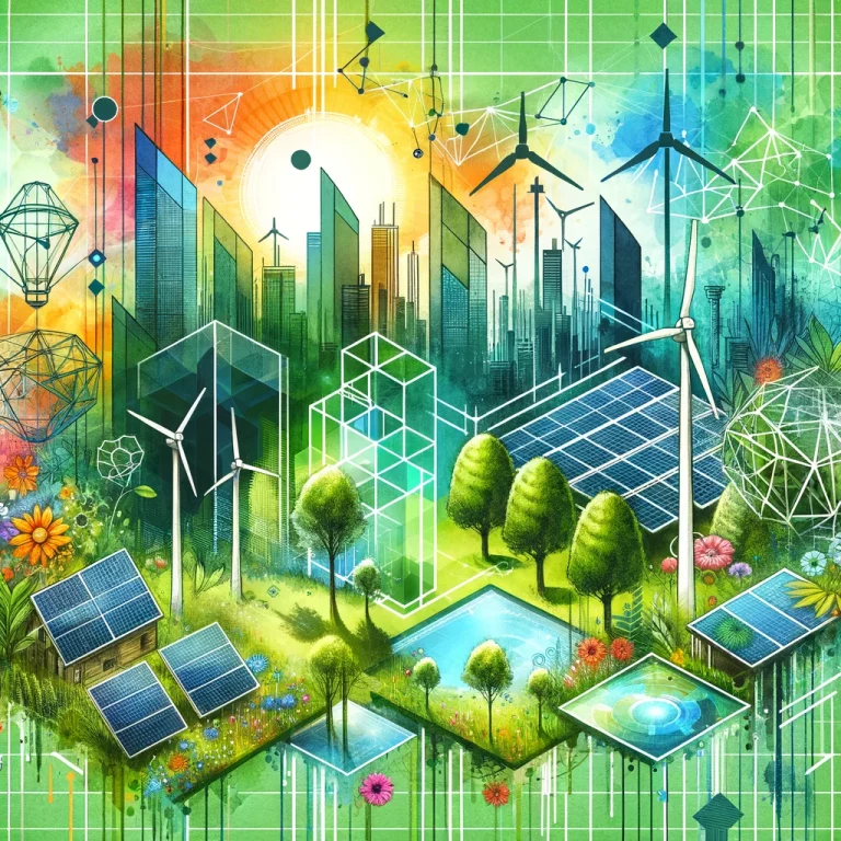 Illustration en aquarelle montrant des panneaux solaires, des éoliennes et une végétation abondante intégrés dans une ville futuriste, représentant l'impact positif de l'IA sur la durabilité environnementale avec des formes géométriques superposées.