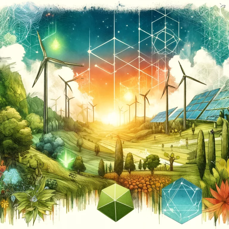 Illustration en aquarelle montrant un environnement naturel prospère avec des éoliennes, des panneaux solaires et des formes géométriques modernes.