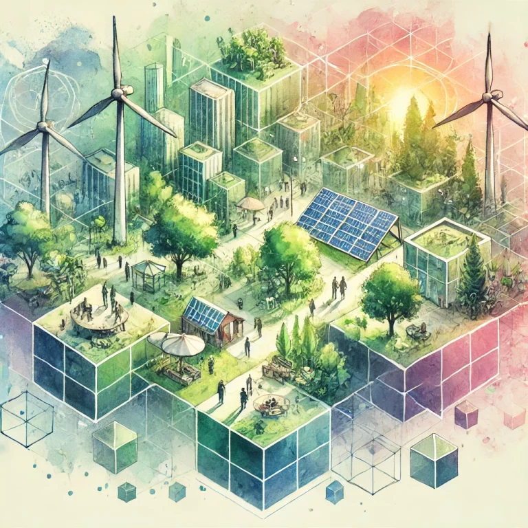 Illustration en aquarelle d'une ville durable avec des bâtiments verts, des panneaux solaires, des éoliennes, et des habitants participant à des activités communautaires au milieu de la nature.