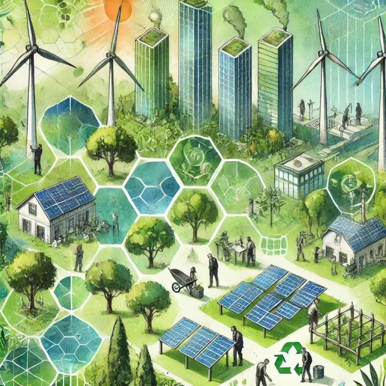 Illustration en aquarelle montrant une ville verte avec des panneaux solaires, des éoliennes, et des personnes collaborant pour planter des arbres et construire des infrastructures résilientes, avec des formes géométriques superposées.