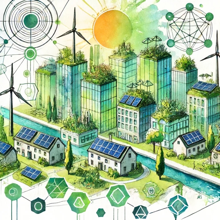 Illustration en aquarelle d'une ville durable avec des bâtiments écologiques, des jardins sur les toits, des panneaux solaires, des éoliennes et des formes géométriques.