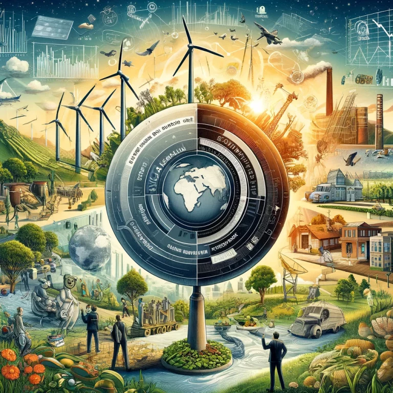 Illustration de la transition énergétique et climatique montrant l'équilibre entre l'offre et la demande d'énergie, l'intégration des énergies renouvelables, la réduction des émissions de carbone, les impacts économiques et sociaux, et la coopération internationale pour une gestion efficace du bouclage.