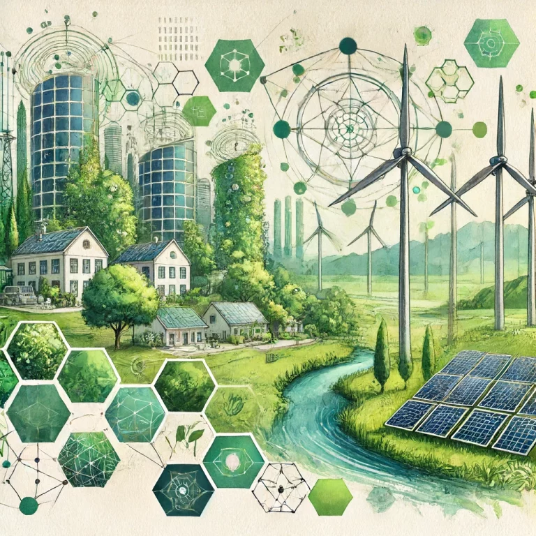 Illustration en aquarelle montrant des éoliennes, des panneaux solaires et une ville écologique intégrée dans un paysage vert avec des formes géométriques représentant les réseaux numériques.