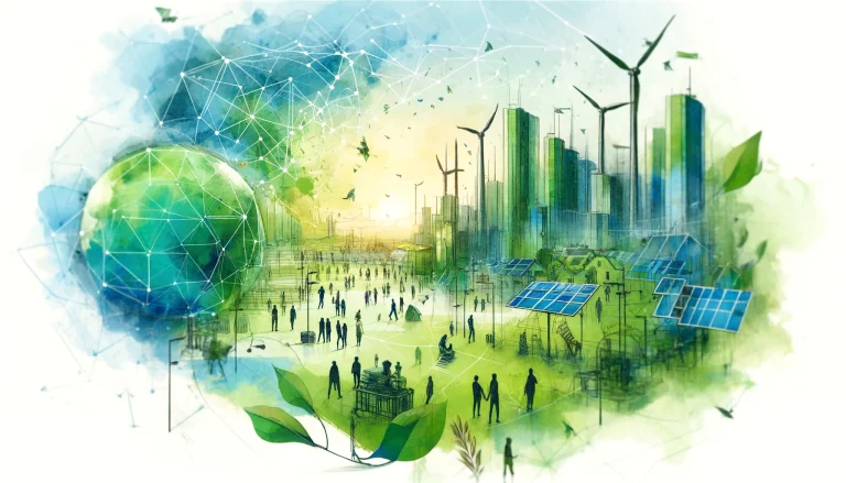Illustration en aquarelle d'une ville avec des panneaux solaires, des éoliennes, et des personnes collaborant dans des espaces verts, sur fond de formes géométriques.