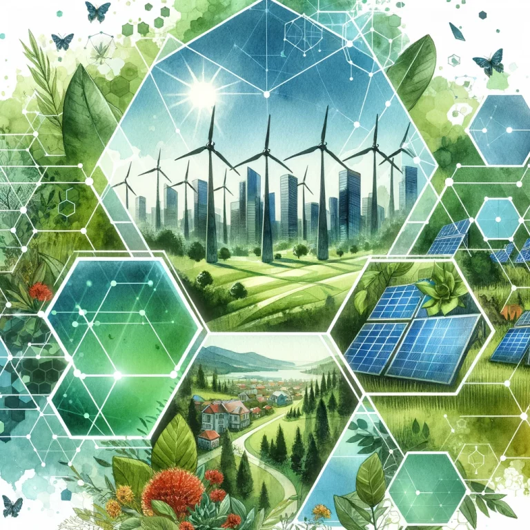 Illustration en aquarelle avec éoliennes, panneaux solaires, ville écologique et formes géométriques, représentant la transition énergétique et climatique.