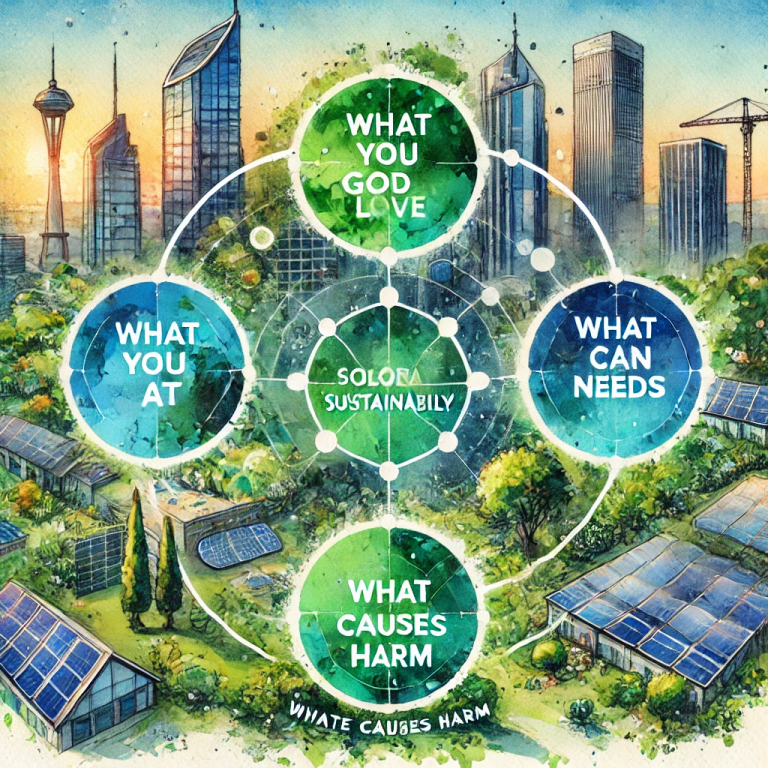 Diagramme IKIGAI pour la Durabilité en Entreprise montrant les zones de convergence entre ce que l’entreprise aime faire, ce dans quoi elle est bonne, ce dont le monde a besoin, ce qu’elle peut monétiser et ce qui cause du tort.