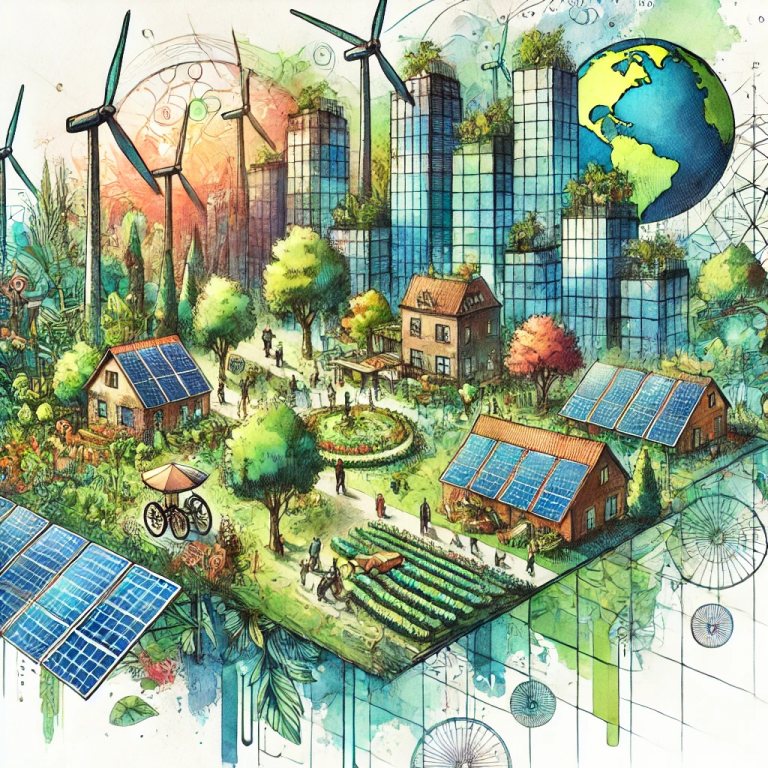 Illustration en aquarelle d'une ville futuriste durable avec des panneaux solaires, des toits verts, des éoliennes et des jardins urbains, montrant des pratiques durables comme le recyclage et l'agriculture urbaine.