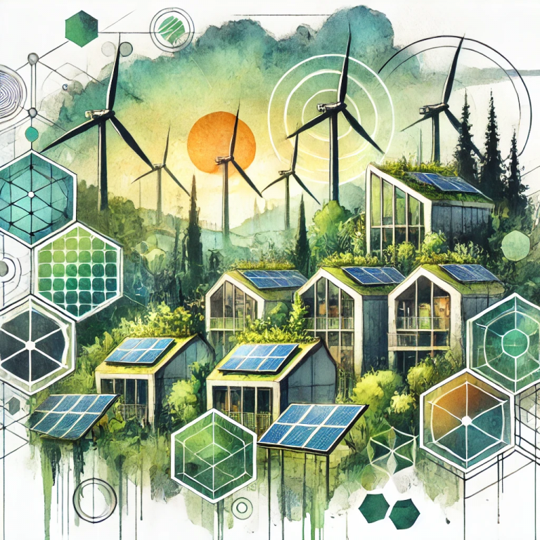 Illustration en aquarelle montrant des bâtiments écologiques, des énergies renouvelables et des formes géométriques symbolisant les émissions évitées dans les investissements durables.