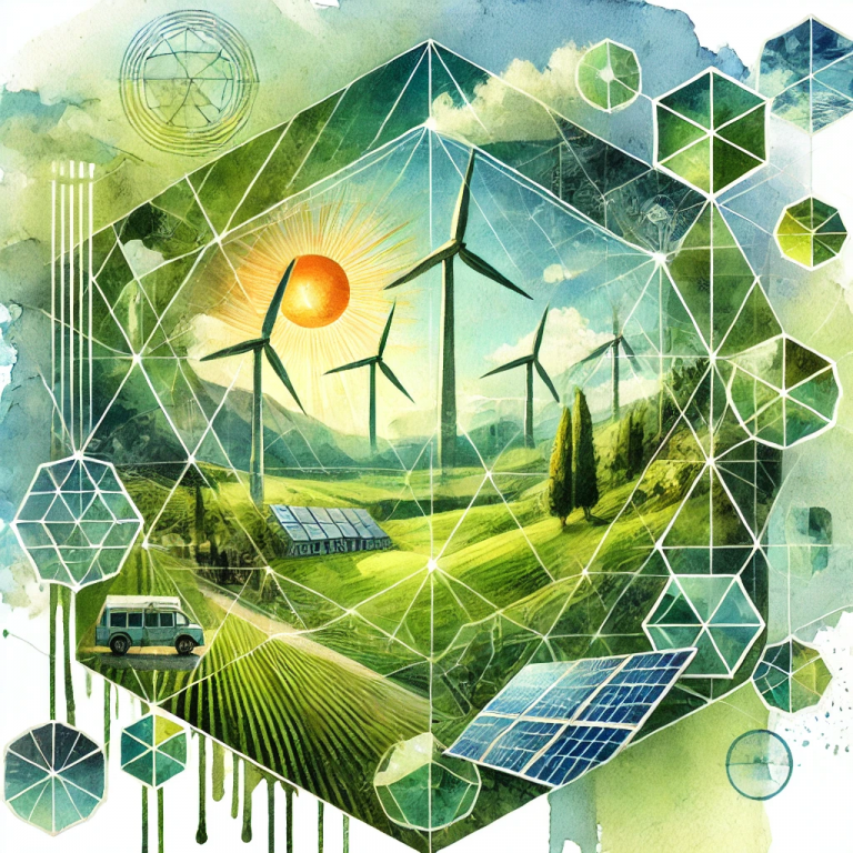 Illustration en aquarelle, représentant une transition écologique avec des formes géométriques et des technologies durables telles que des panneaux solaires et des éoliennes, symbolisant l’équilibre entre nature et innovation.
