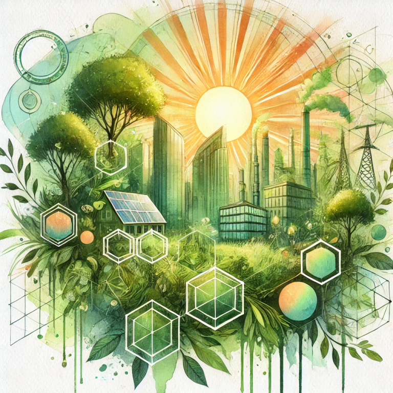 Illustration en aquarelle représentant un avenir durable avec des formes géométriques et des éléments naturels dans un paysage urbain.