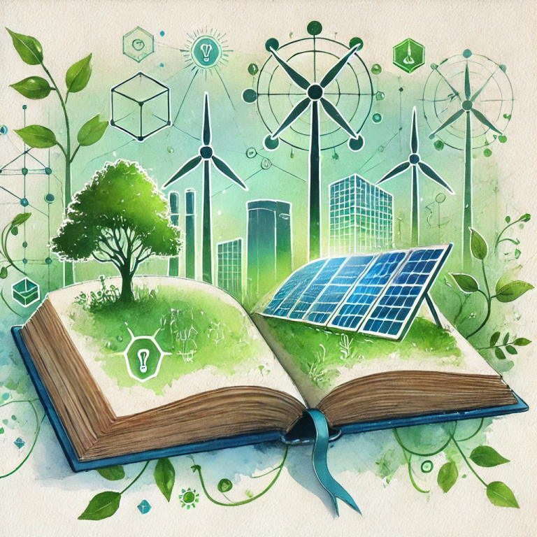 Illustration montrant des entreprises coopérant dans la transition écologique avec des infrastructures partagées comme des panneaux solaires, des éoliennes et une logistique optimisée.