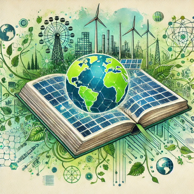 Illustration d’entreprises internationales coopérant dans la transition écologique avec des infrastructures partagées telles que des éoliennes et panneaux solaires, symbolisant des efforts mondiaux pour une économie durable.