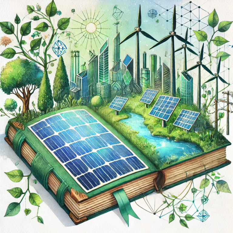 Illustration montrant des entreprises adoptant des pratiques durables, avec des panneaux solaires, des arbres et des symboles d’éco-conception et de responsabilité sociale pour illustrer la transition écologique.