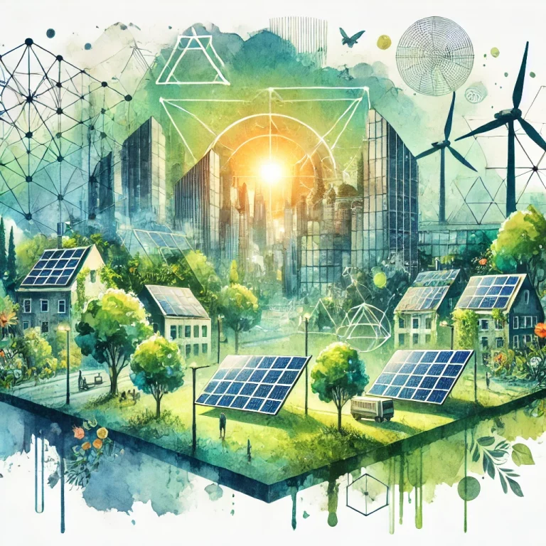 Illustration en aquarelle montrant une ville verte du futur, avec des bâtiments intégrés à la nature, des panneaux solaires et des éoliennes, et des formes géométriques symbolisant l'innovation et la coopération.