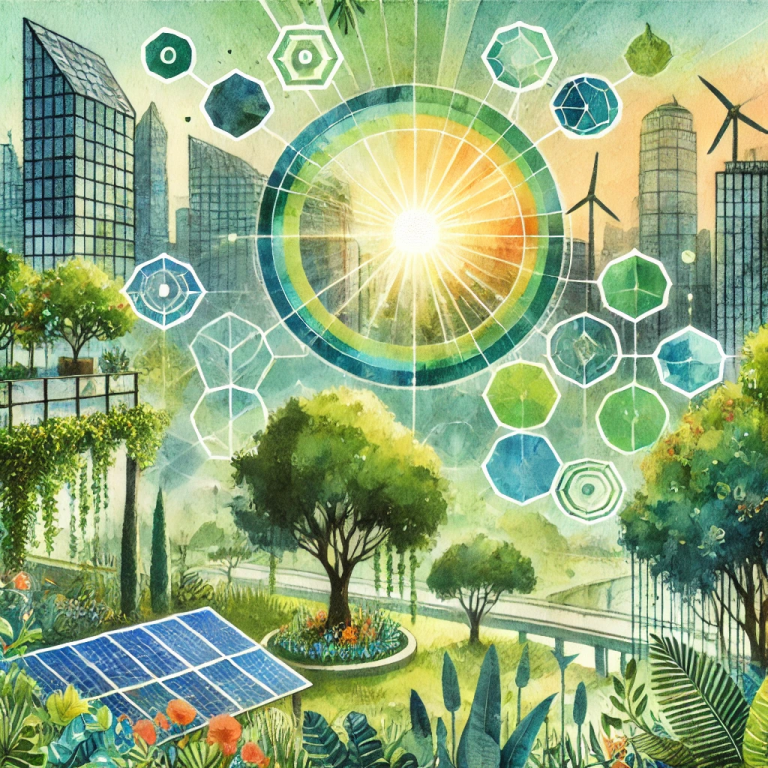 Aquarelle représentant une ville durable avec des arbres, des bâtiments éco-conçus, des panneaux solaires et des formes géométriques symbolisant l'équilibre entre nature et technologie.