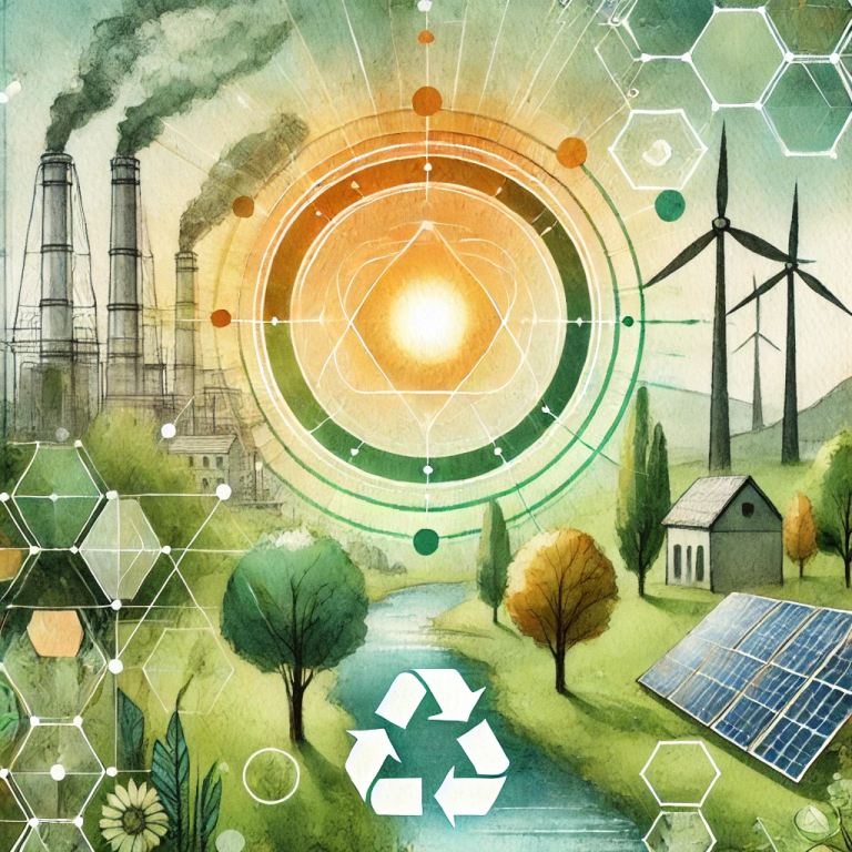 Illustration en aquarelle montrant la symbiose entre l'intelligence artificielle et l'environnement. La ville futuriste utilise des énergies renouvelables, entourée de nature, avec des formes géométriques symbolisant la technologie de l'IA.