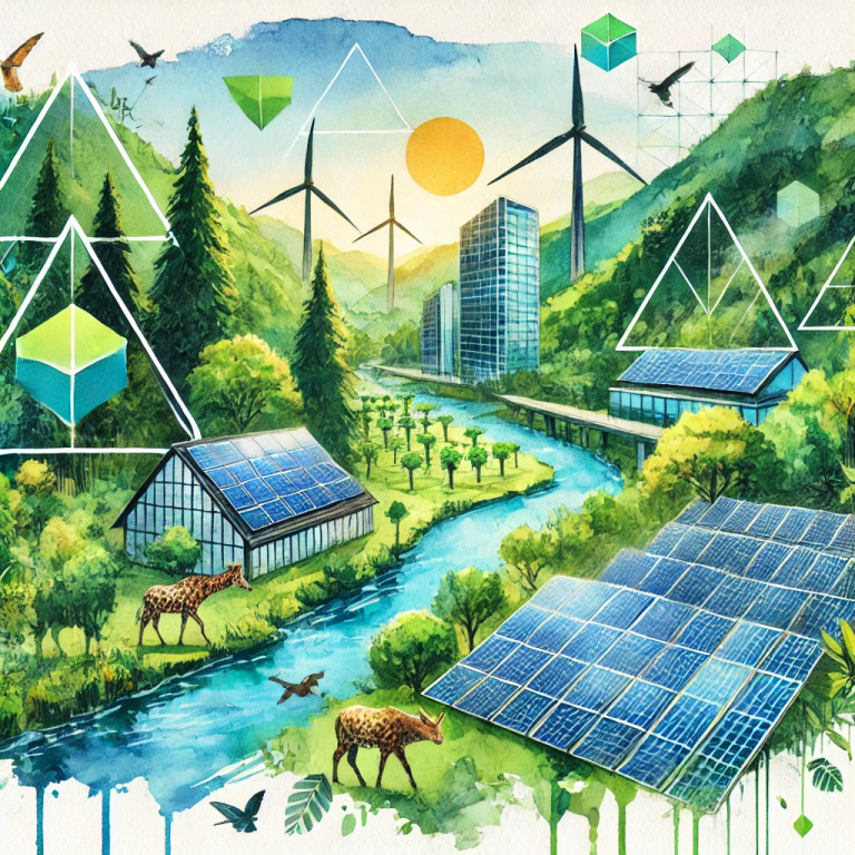 Illustration en aquarelle montrant des paysages naturels avec des bâtiments écologiques, des forêts, des rivières et des formes géométriques symbolisant l’équilibre entre nature et technologie durable.