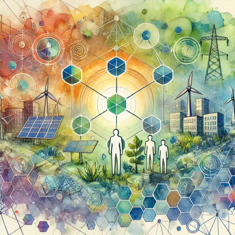 Illustration en aquarelle avec des formes géométriques interconnectées, des figures collaboratives, et des éléments de nature et de technologie verte.