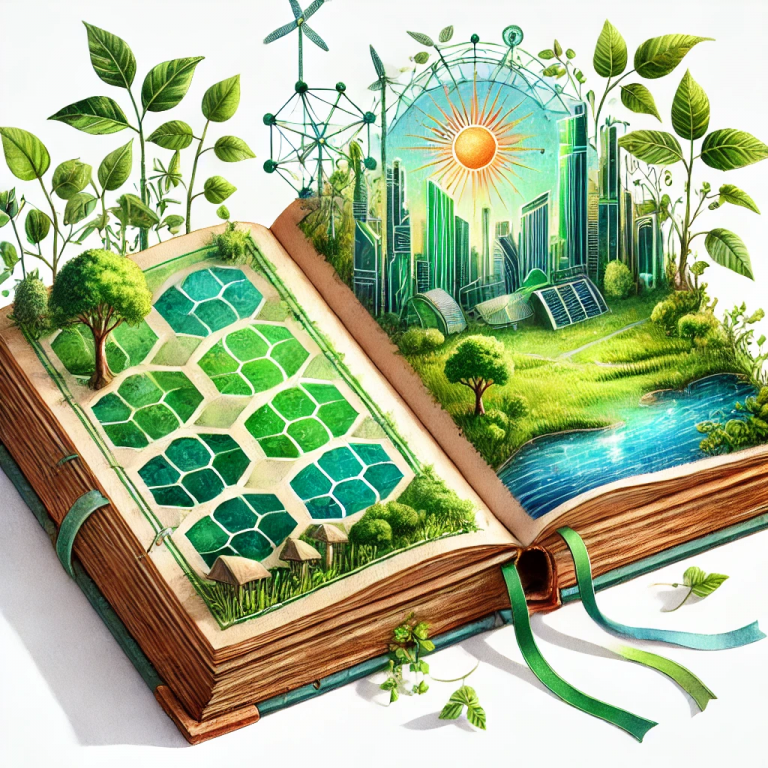 Image en aquarelle d’un livre ouvert, représentant la transition écologique avec des paysages naturels, des technologies vertes et des formes géométriques symbolisant un avenir durable.
