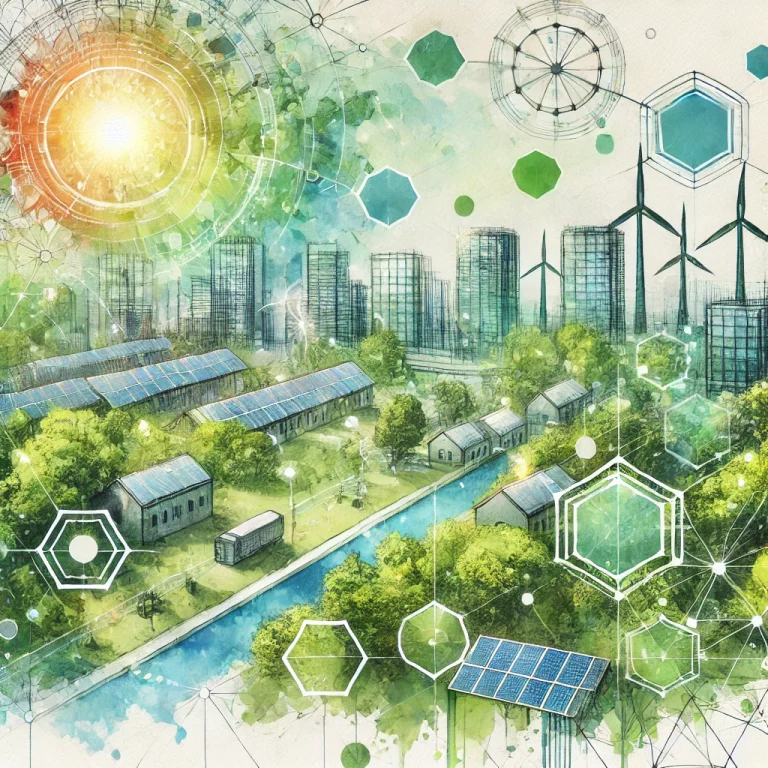 Illustration en style à l'aquarelle montrant un paysage urbain futuriste avec des bâtiments intégrés à la végétation et des formes géométriques superposées, symbolisant la communication et l'interconnexion pour un futur durable.