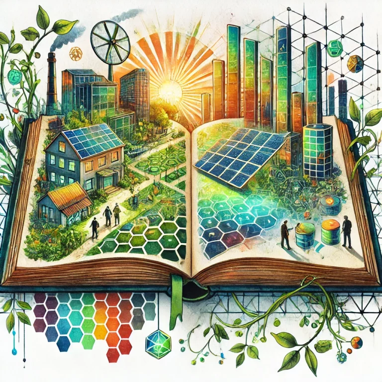 Illustration en aquarelle avec des formes géométriques, montrant des bâtiments modernes avec toits végétalisés, panneaux solaires et éoliennes, entourés de personnes collaborant pour des solutions durables.